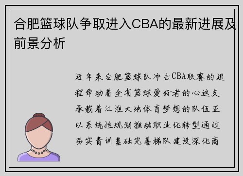 合肥篮球队争取进入CBA的最新进展及前景分析